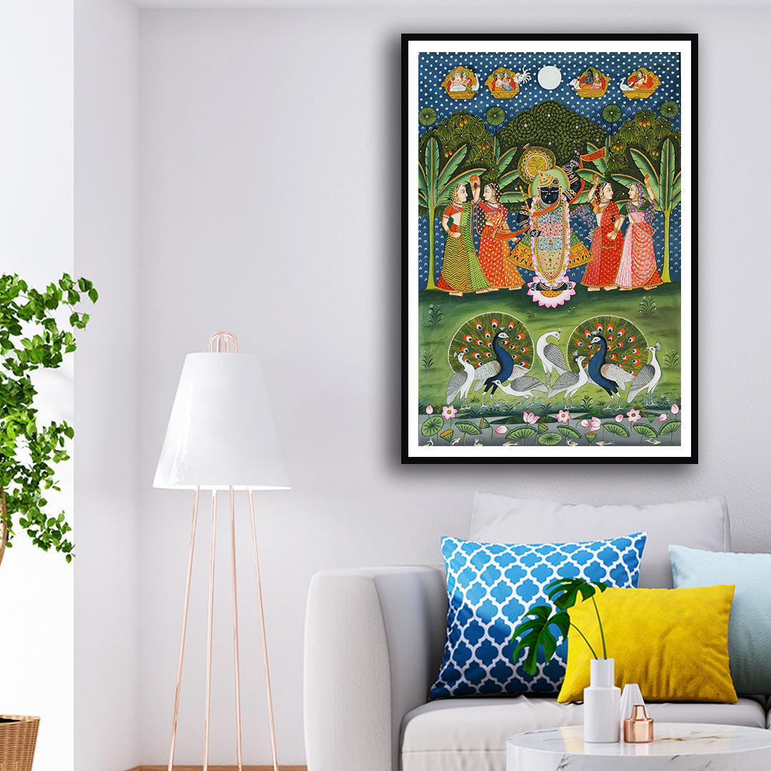 Shrinath ji With Gopis and Peacocks Pichwai Artwork For Home Decor 