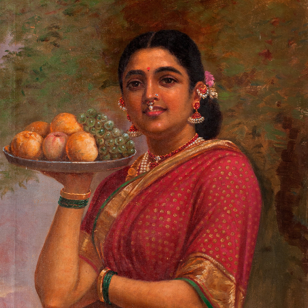 Raja Ravi Varma Artwork Painting - Lady with fruit-tray