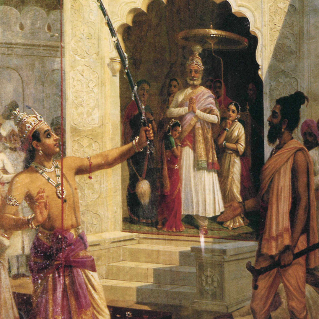 Raja Ravi Varma Artwork Painting - Rama breaks the bow