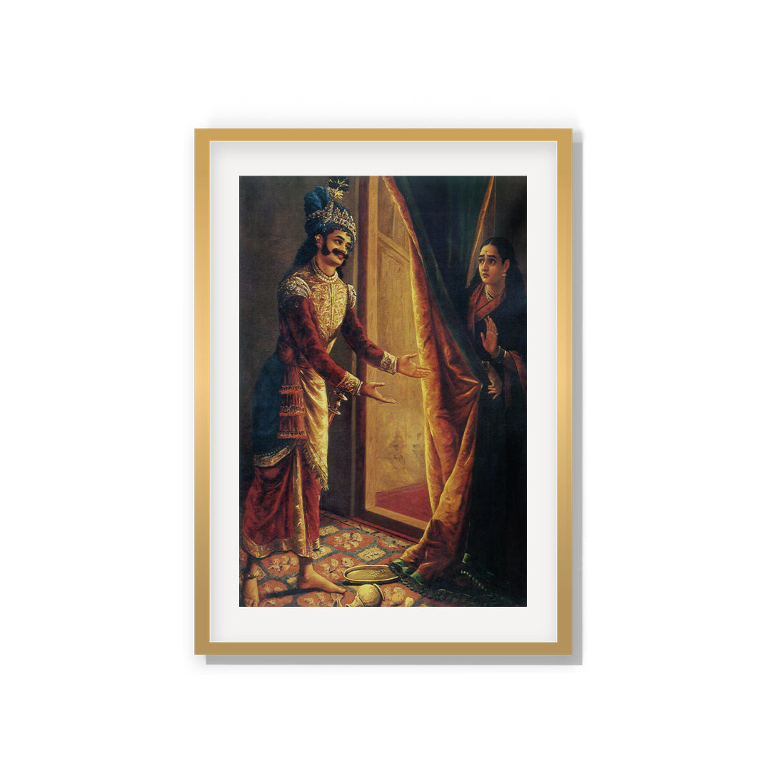 Raja Ravi Varma Artwork Painting - Draupadi as Sairandhri fends off Kichaka's advances