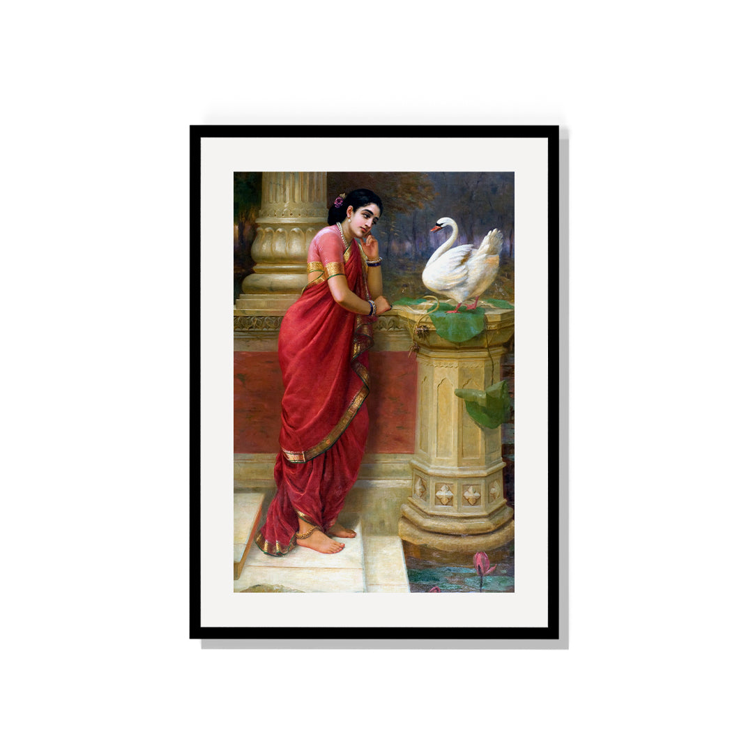 Raja Ravi Varma Artwork Painting - Ravi Varma-Princess Damayanthi talking with Royal Swan about Nala