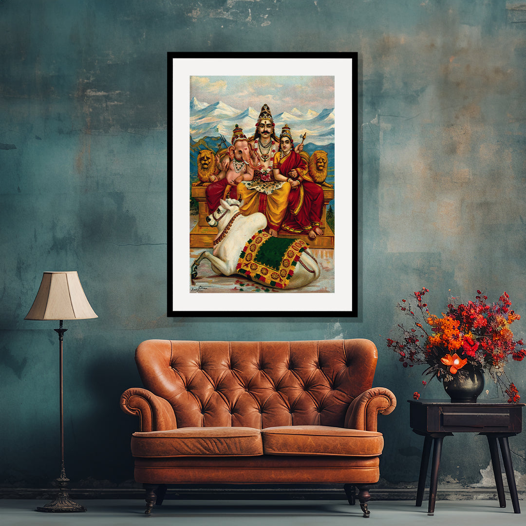 Raja Ravi Varma Artwork Painting - Shiva, Parvati and Ganesha enthroned on Mount Kailas with Nandi the bull