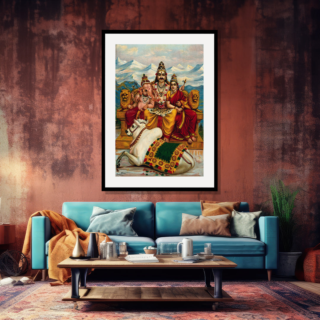 Raja Ravi Varma Artwork Painting - Shiva, Parvati and Ganesha enthroned on Mount Kailas with Nandi the bull