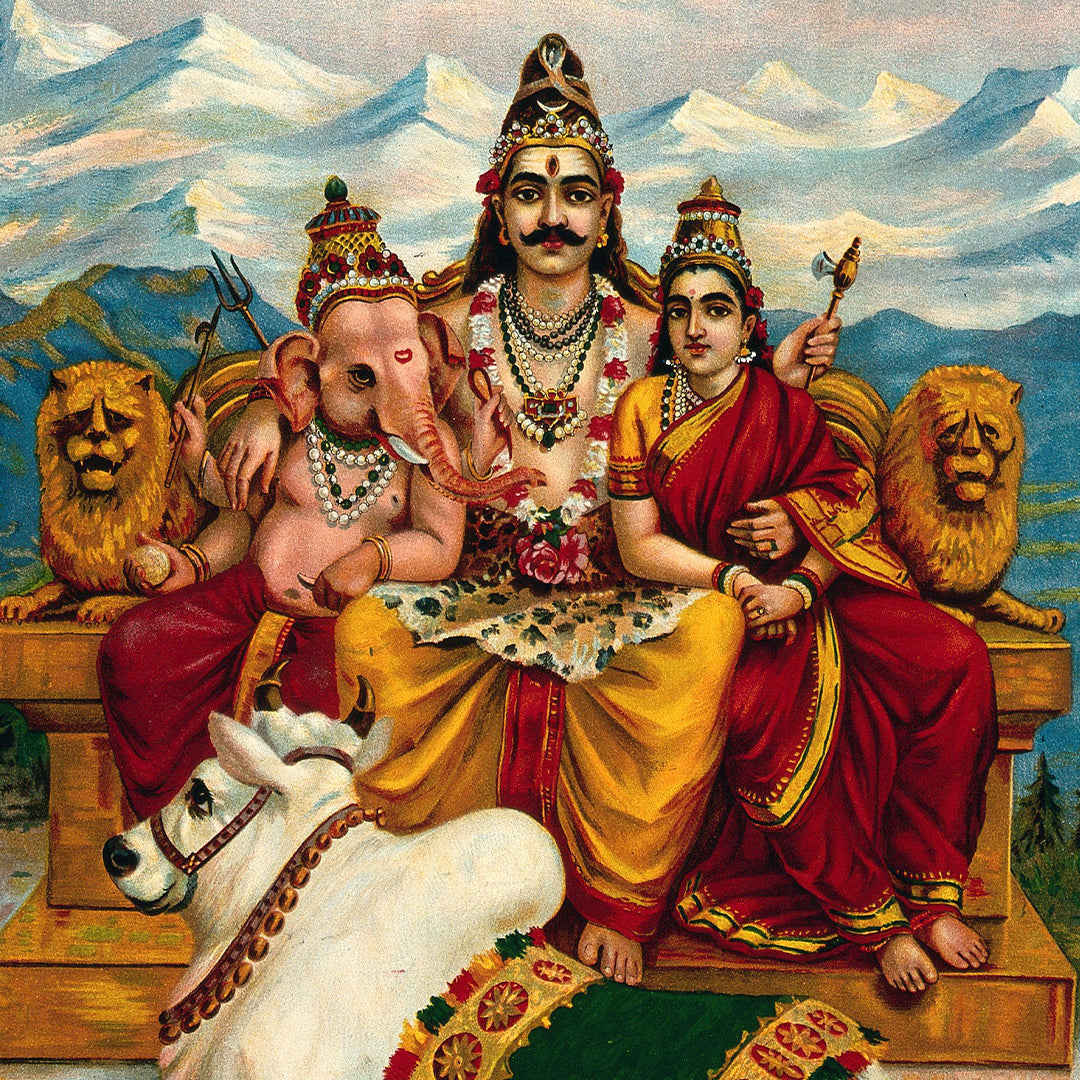 Raja Ravi Varma Artwork Painting - Shiva, Parvati and Ganesha enthroned on Mount Kailas with Nandi the bull