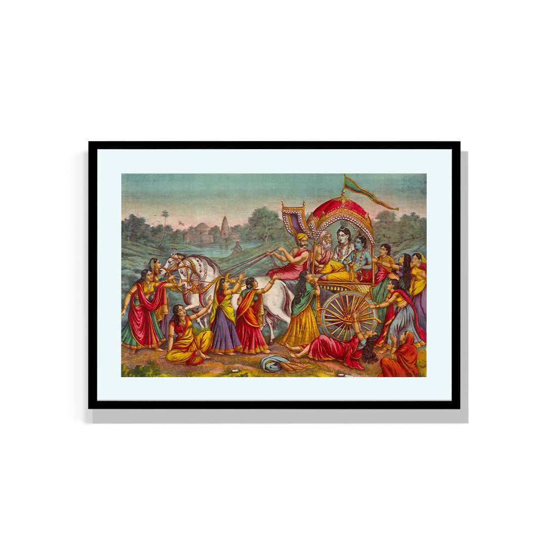 Raja Ravi Varma Artwork Painting - Krishna and Balarama are seated in a chariot driven by Akrura