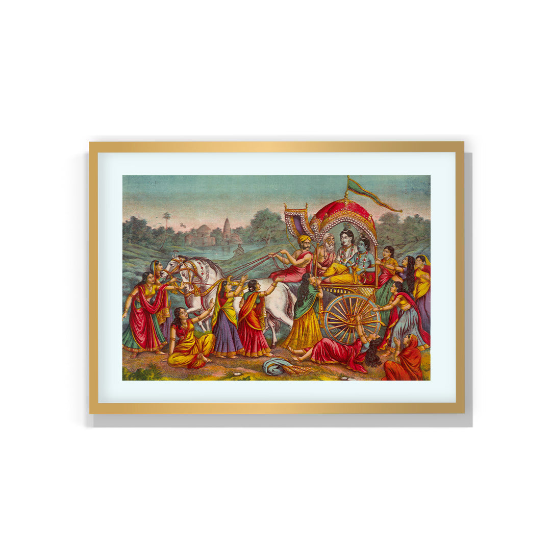 Raja Ravi Varma Artwork Painting - Krishna and Balarama are seated in a chariot driven by Akrura